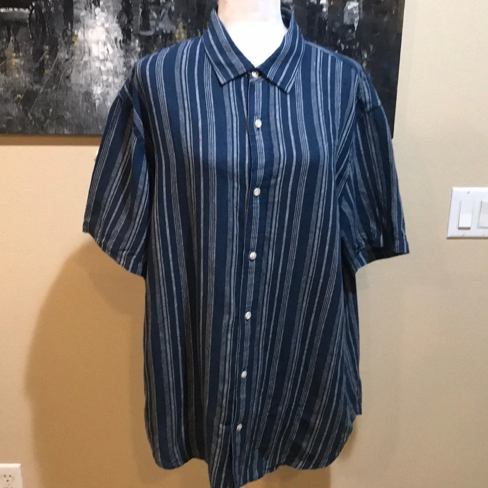 Banana Republic Linen/Cotton Slim Fit Button Down Blue w/Gray Striped Shirt-XL